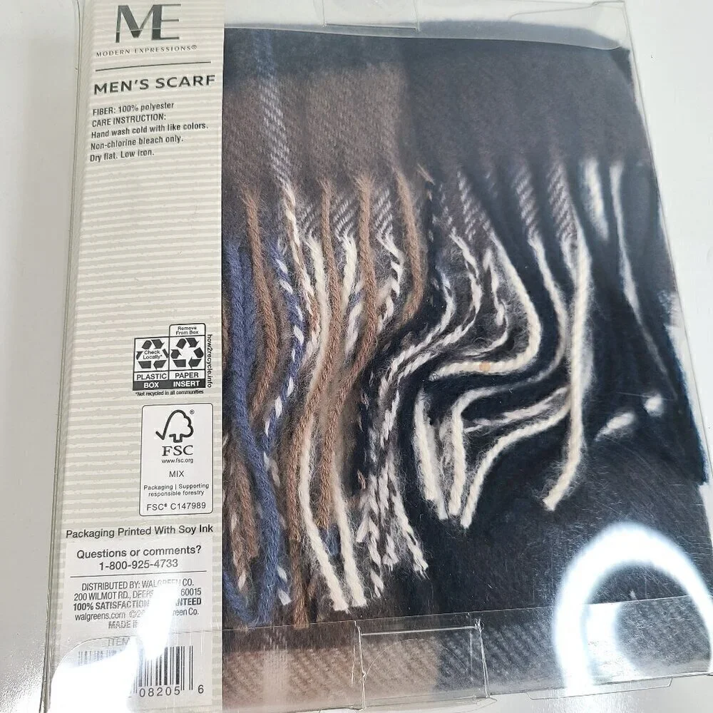 NWT Modern Expressions Grey Blue Men's Fringe Rectangular Scarf